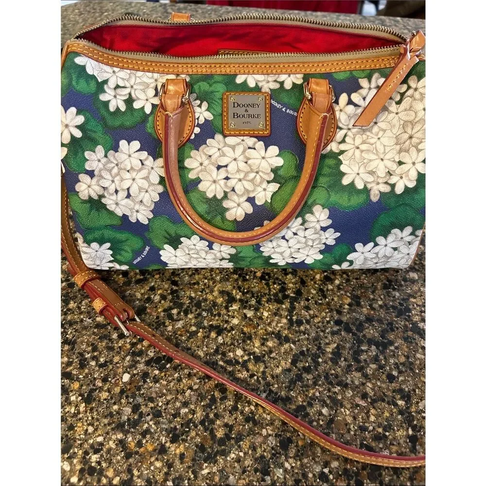 Dooney & Bourke Hydrangea Floral Pebble Grain Leather Satchel with Tan Trim